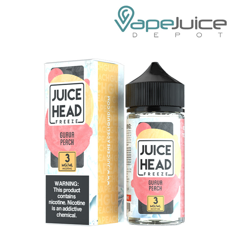 A box of 3mg Guava Peach Juice Head Freeze with a warning sign and a 100ml bottle next to it - Vape Juice Depot