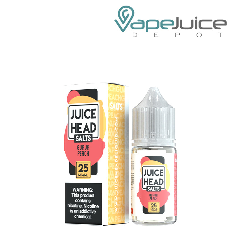 A box of 25mg Guava Peach Salts Juice Head with a warning sign and a 30ml bottle next to it - Vape Juice Depot