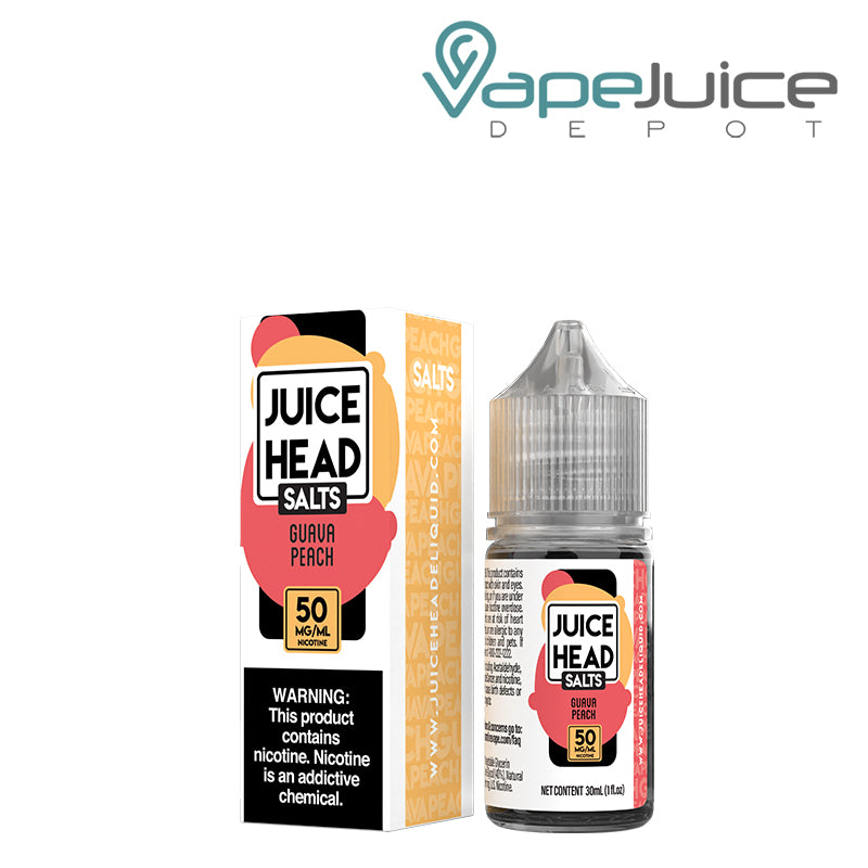 A box of 50mg Guava Peach Salts Juice Head with a warning sign and a 30ml bottle next to it - Vape Juice Depot