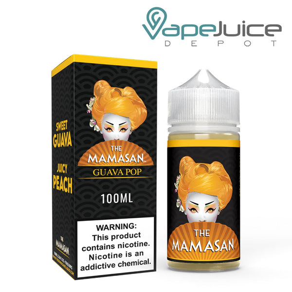A box of Guava Pop The Mamasan eLiquid with a warnong sign and a 100ml bottle next to it - Vape Juice Depot