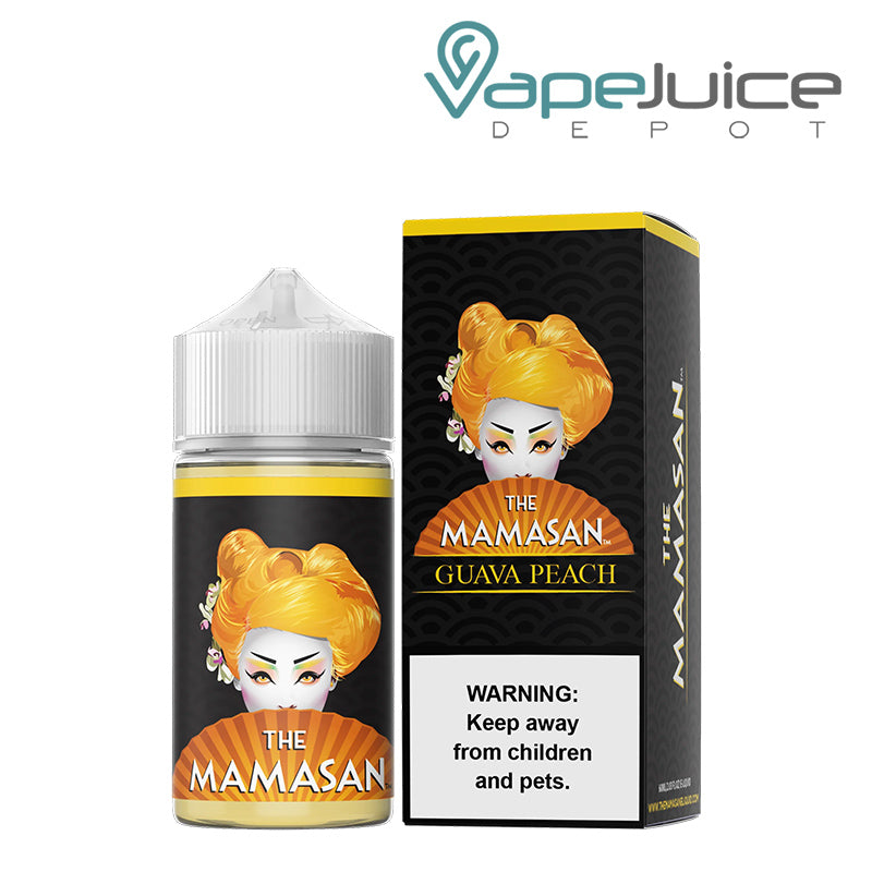 A 60ml bottle of Guava Pop The Mamasan eLiquid and a box with a warning sign next to it - Vape Juice Depot