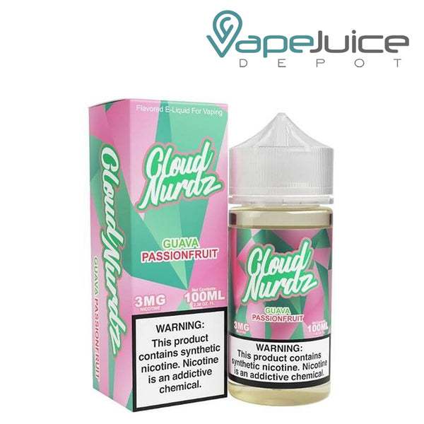 A box of Guava Passionfruit TFN Cloud Nurdz with a warning sign and a 100ml bottle next to it - Vape Juice Depot