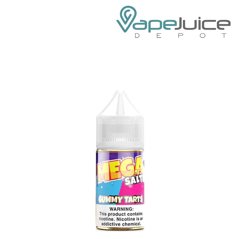 A 30ml bottle of Gummy Tarts MEGA Salts eLiquid with a warning sign - Vape Juice Depot