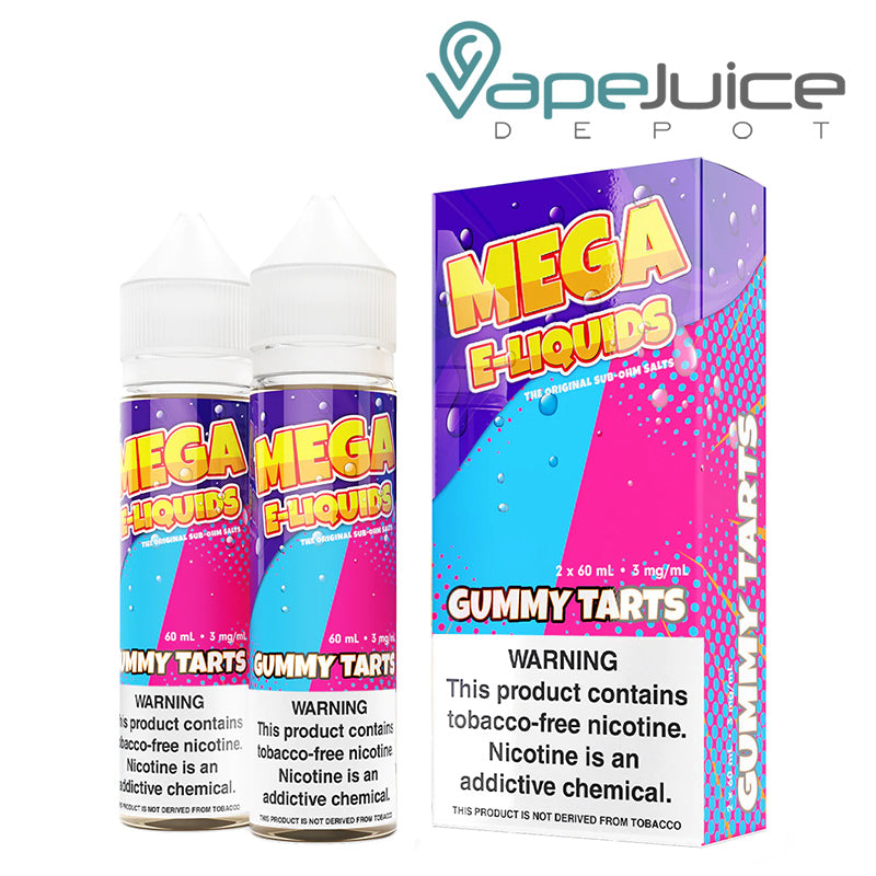 Two 60ml bottles of Gummy Tarts MEGA e-Liquids with a warning sign and a box next to it - Vape Juice Depot