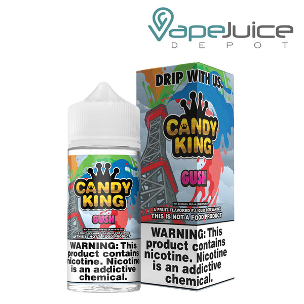 A 100ml bottle of Gush Candy King eLiquid with a warning sign and a box next to it - Vape Juice Depot