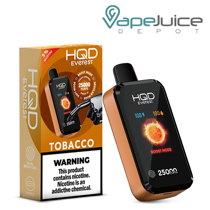 A Box of HQD Everest 25000 Tobacco Disposable vape with a warning sign next to a disposable with its smart screen being visible - Vape Juice Depot