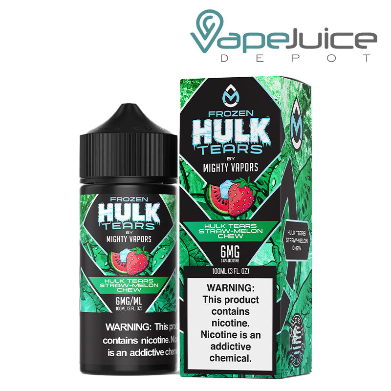 A 100ml bottle of Frozen Hulk Tears Mighty Vapors eLiquid and a box with a warning sign next to it - Vape Juice Depot