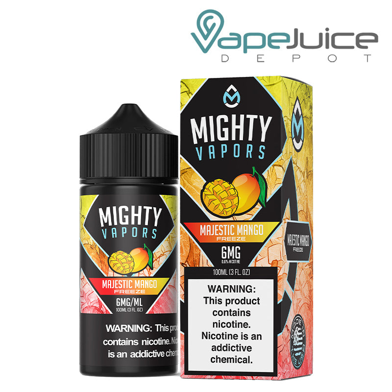 A 100ml bottle of Majestic Mango Freeze Mighty Vapors and a box with a warning sign next to it - Vape Juice depot