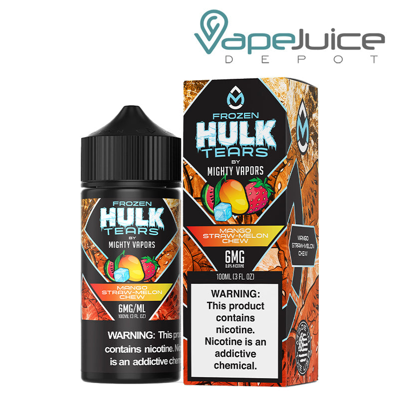 A 100ml bottle of Frozen Mango Hulk Tears Mighty Vapors and a box with a warning sign next to it - Vape Juice Depot