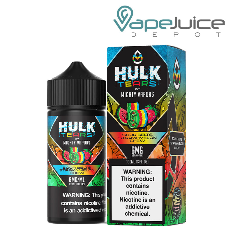 A 100ml bottle of Sour Belts Hulk Tears Mighty Vapors and a box with a warning sign next to it - Vape Juice Depot