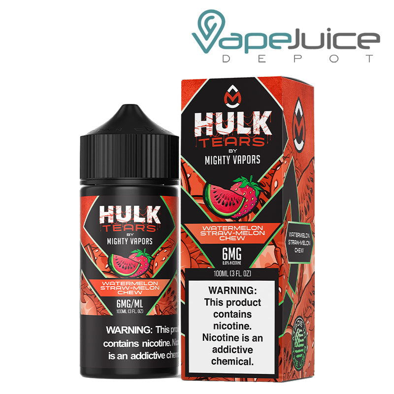 A 100ml bottle of Watermelon Hulk Tears Mighty Vapors and a box with a warning sign next to it - Vape Juice Depot