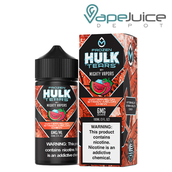 A 100ml bottle of Frozen Watermelon Hulk Tears Mighty Vapors and a box with a warning sign next to it - Vape Juice Depot