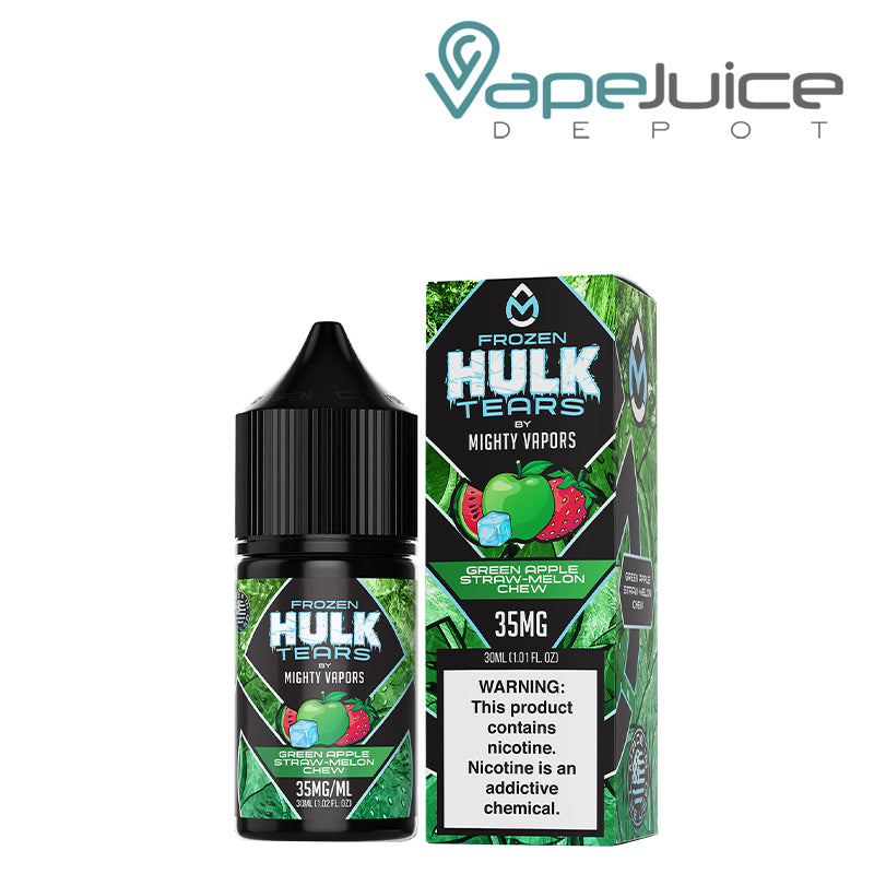 A 30ml bottle of Frozen Green Apple Hulk Tears Salts Mighty Vapors and a box with a warning sign next to it - Vape Juice Depot