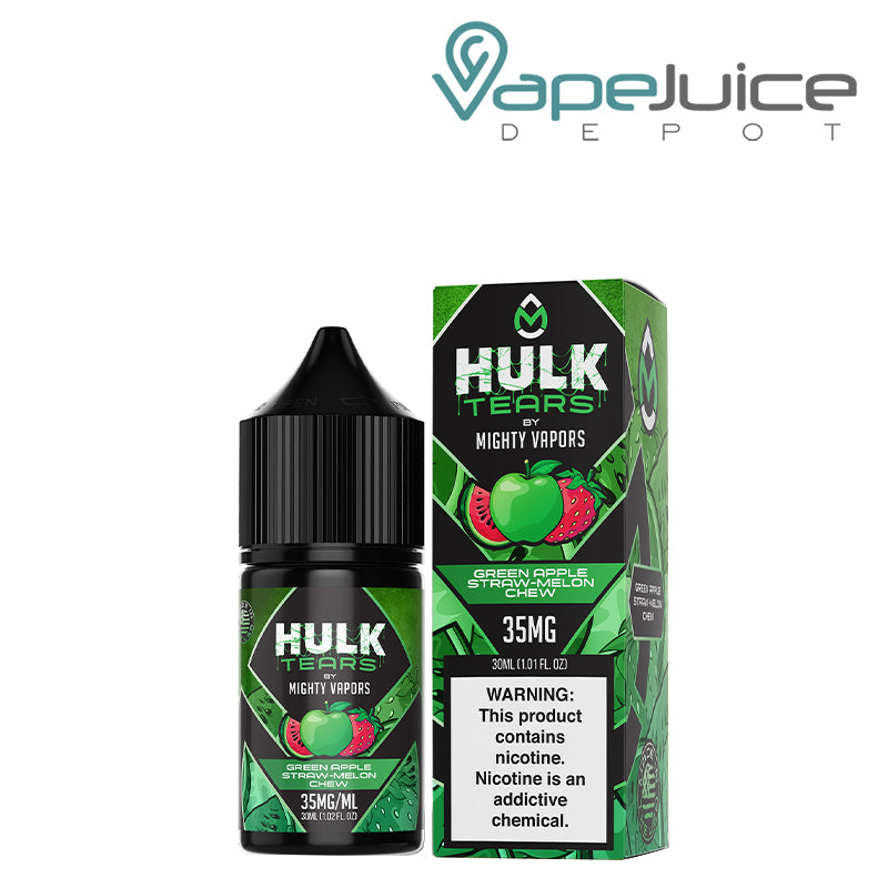A 30ml bottle of Green Apple Hulk Tears Salts Mighty Vapors and a box with a warning sign next to it - Vape Juice Depot