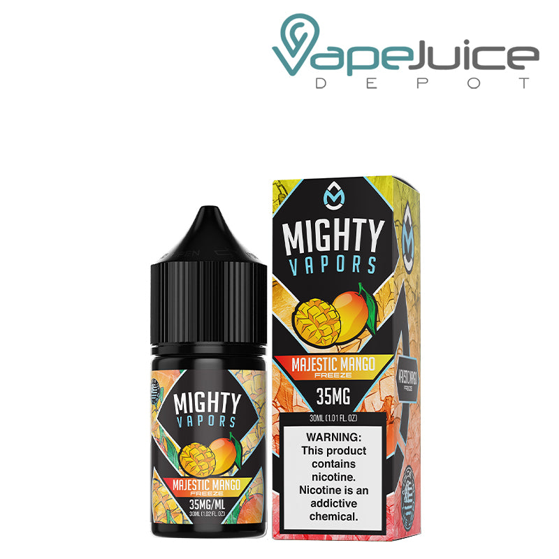 A 30ml bottle of Majestic Mango Freeze Salts Mighty Vapors and a box with a warning sign next to it - Vape Juice Depot
