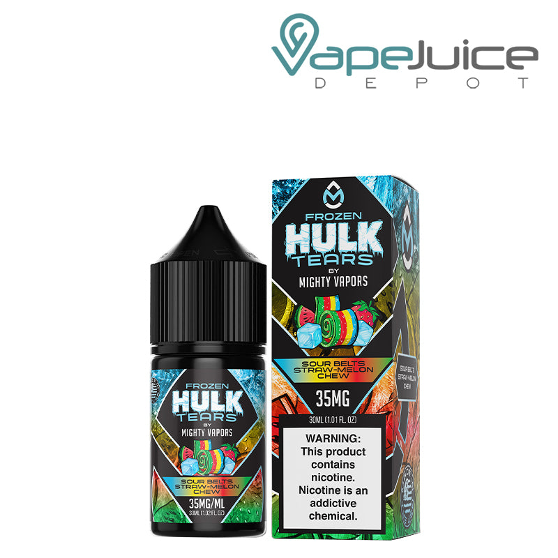 A 30ml bottle of Frozen Sour Belts Hulk Tears Salts Mighty Vapors and a box with a warning sign next to it - Vape Juice Depot