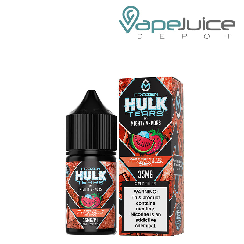 A 30ml bottle of Frozen Watermelon Hulk Tears Salts Mighty Vapors and a box with a warning sign next to it - Vape Juice Depot