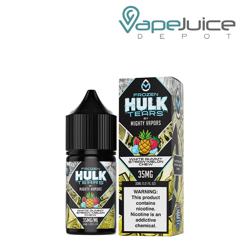 A 30ml bottle of Frozen White Gummy Hulk Tears Salts Mighty Vapors and a box with a warning sign next to it - Vape Juice Depot