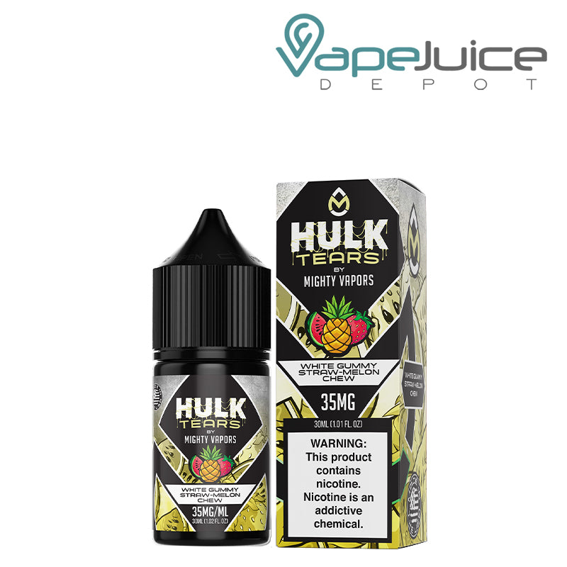 A 30ml bottle of White Gummy Hulk Tears Salts Mighty Vapors and a box with a warning sign next to it - Vape Juice Depot