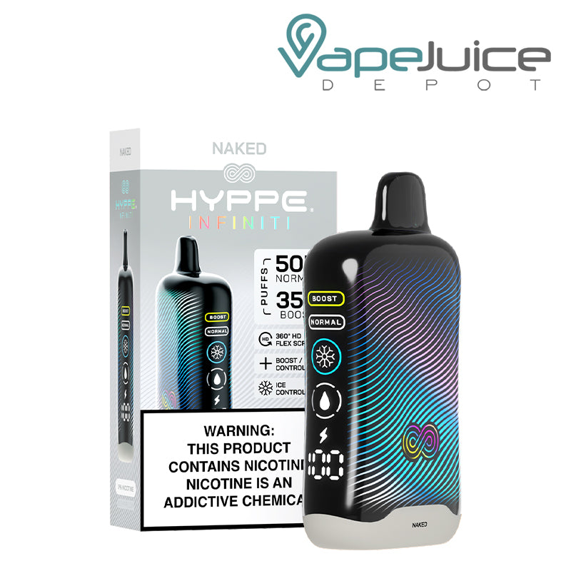 A Box of Naked HYPPE Infiniti 50K Disposable with a warning sign and a device with a full 360° screen next to it - Vape Juice Depot