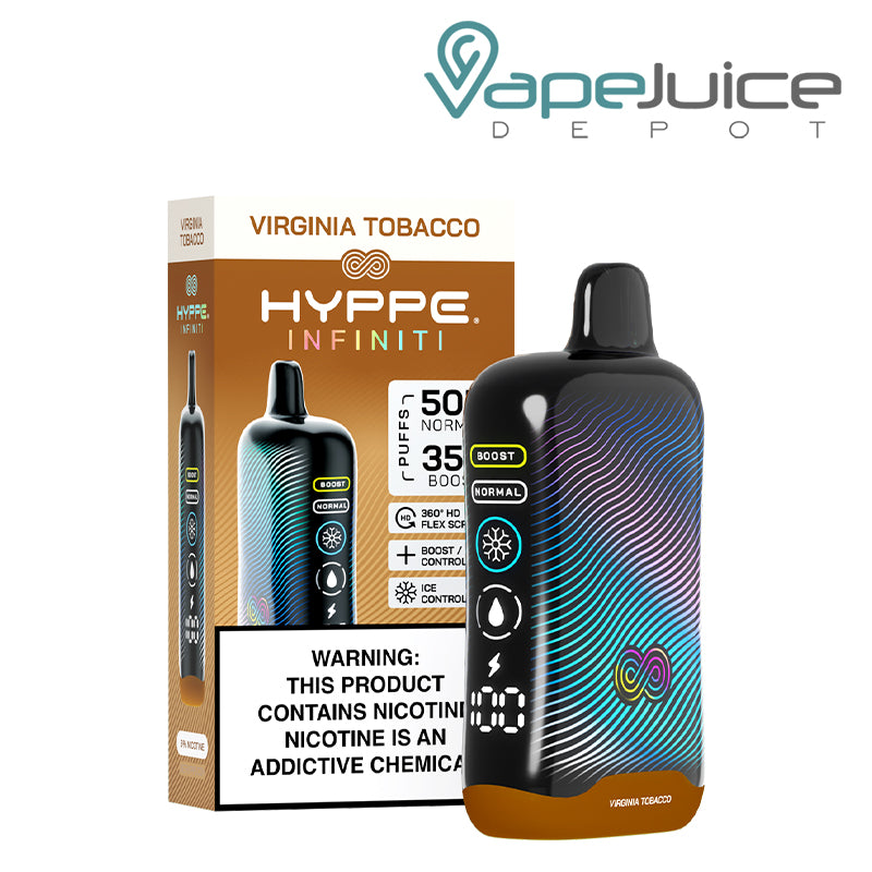 A Box of Virginia Tobacco HYPPE Infiniti 50K Disposable with a warning sign and a device with a full 360° screen next to it - Vape Juice Depot