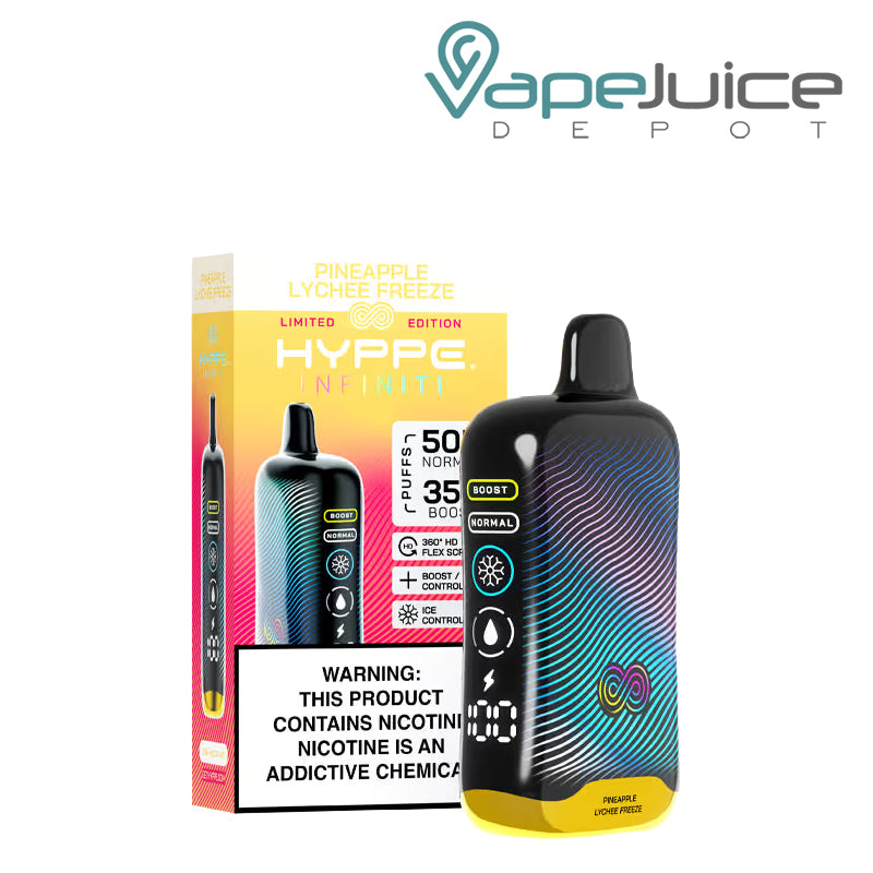 A Box of Pineapple Lychee Freeze HYPPE Infiniti 50K Disposable with a warning sign and a device with a full 360° screen next to it - Vape Juice Depot