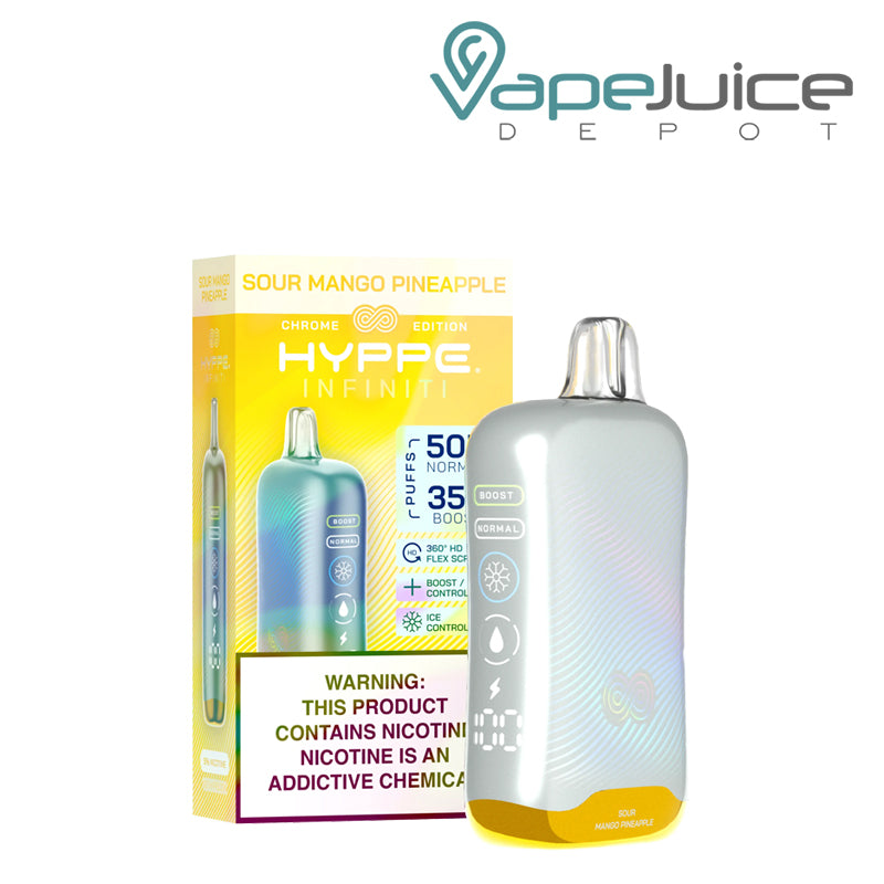 A Box of Sour Mango Pineapple HYPPE Infiniti 50K Disposable with a warning sign and a device with a full 360° screen next to it - Vape Juice Depot