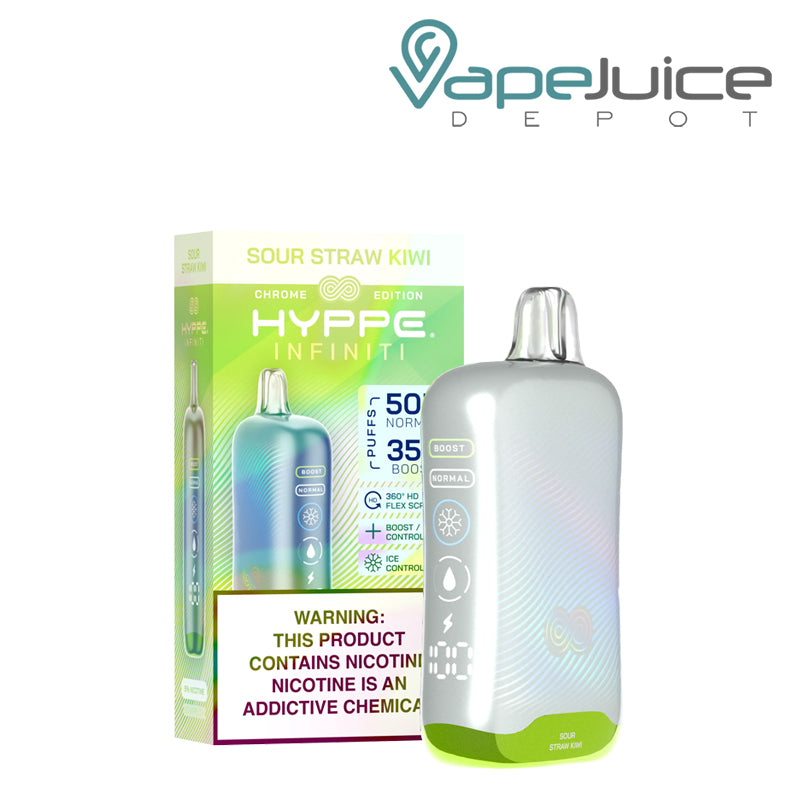 A Box of Sour Straw Kiwi HYPPE Infiniti 50K Disposable with a warning sign and a device with a full 360° screen next to it - Vape Juice Depot