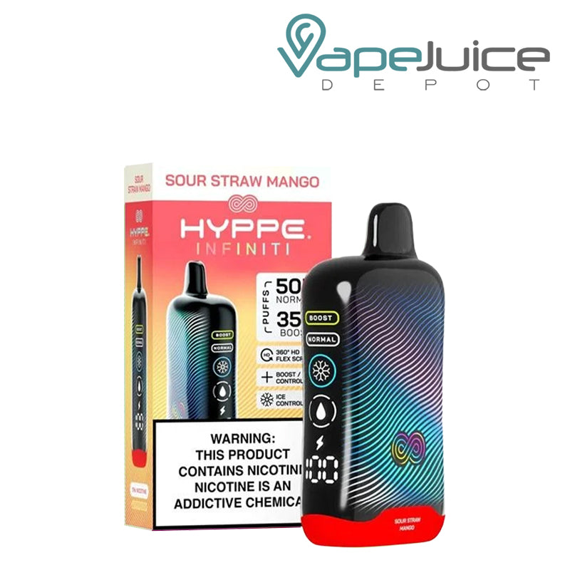 A Box of Sour Straw Mango HYPPE Infiniti 50K Disposable with a warning sign and a device with a full 360° screen next to it - Vape Juice Depot