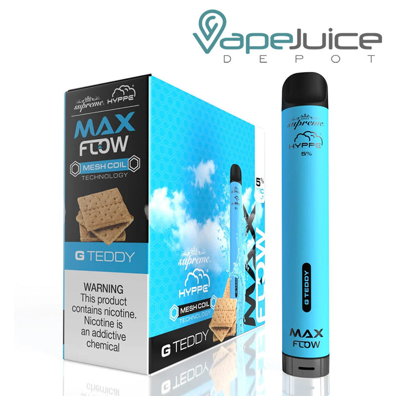 A Box of G Teddy HYPPE Max Flow Disposable Vape with a warning sign and a device next to it - Vape Juice Depot