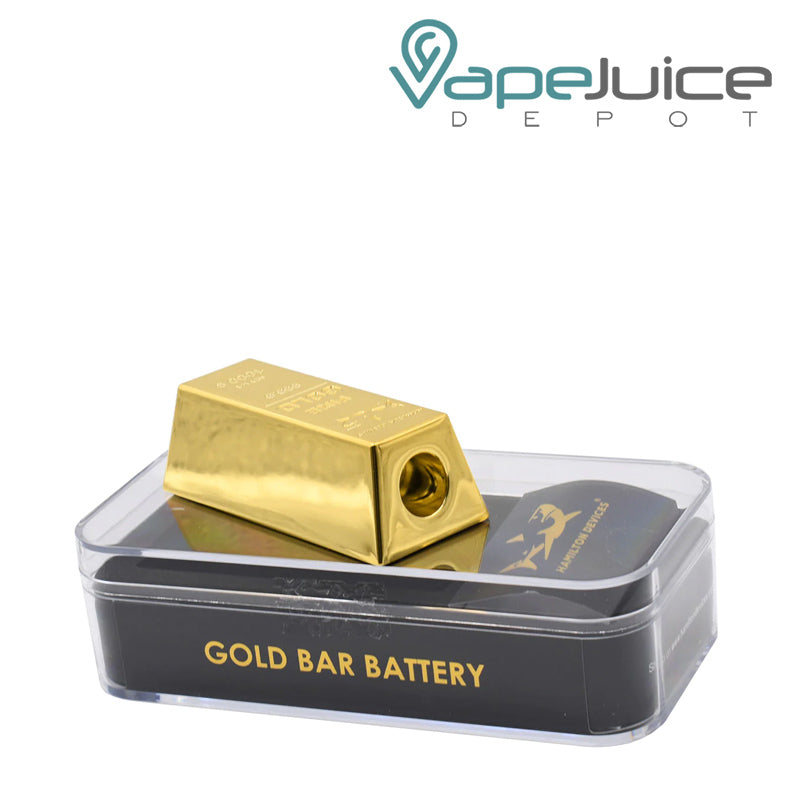 A box of Hamilton Devices Gold Bar Battery and the battery on it - Vape Juice Depot
