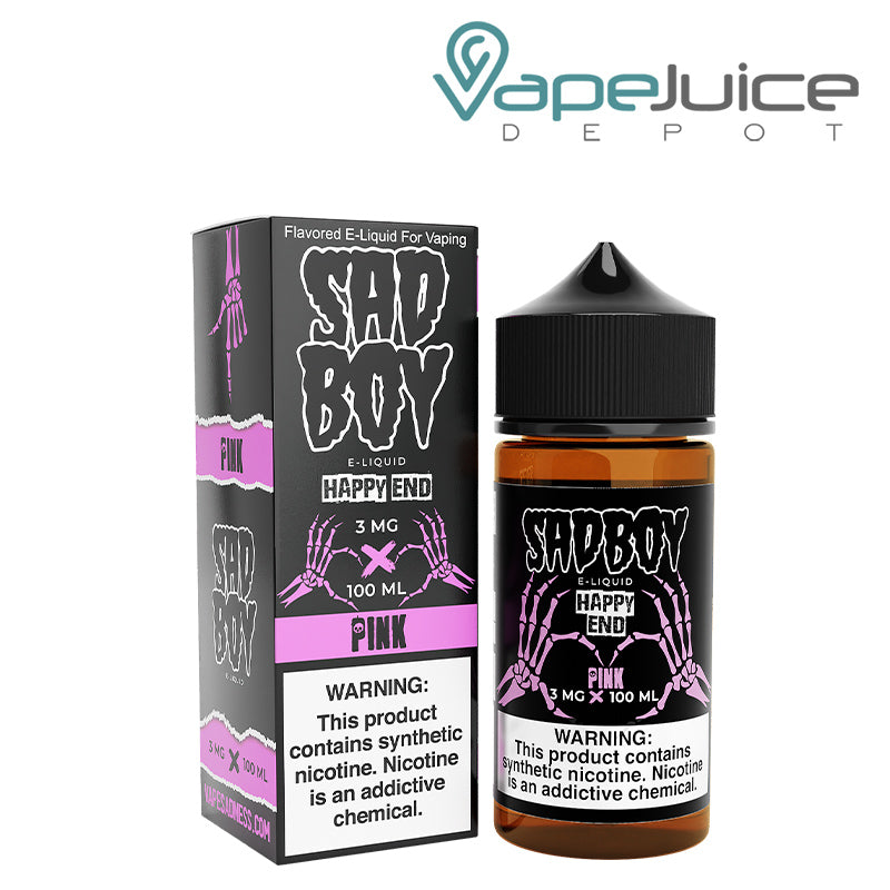 A box of Happy End Pink SadBoy eLiquid with a warning sign and a 100ml bottle next to it - Vape Juice Depot