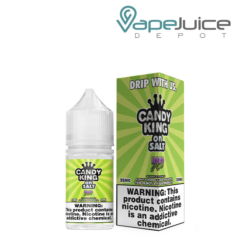 A 30ml bottle of Hard Apple Candy Candy King On Salt and a box with a warning sign next to it - Vape Juice Depot