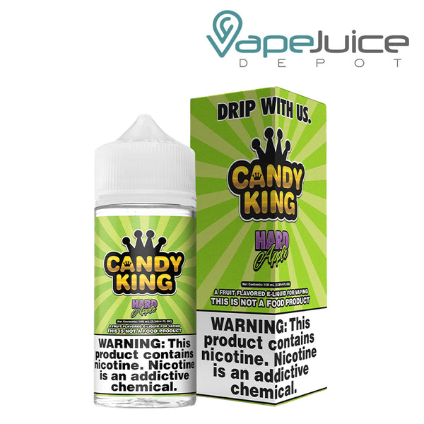 A 100ml bottle of Hard Apple Candy King eLiquid and a box with a warning sign next to it - Vape Juice Depot