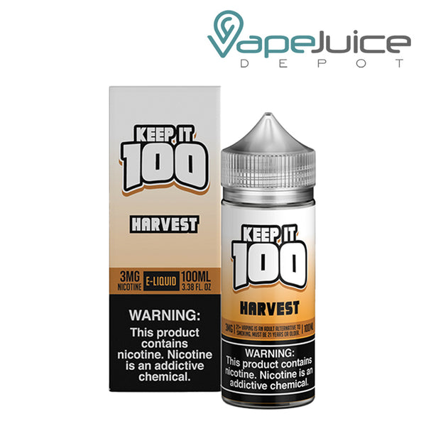 A box of Harvest (Autumn Harvest) Keep it 100 TFN eLiquid with a warning sign and a 100ml bottle next to it - Vape Juice Depot