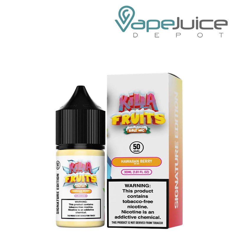 A 30ml bottle of Hawaiian Berry On Ice Killa Fruits Signature TFN Salt and a box with a warning sign next to it - Vape Juice Depot