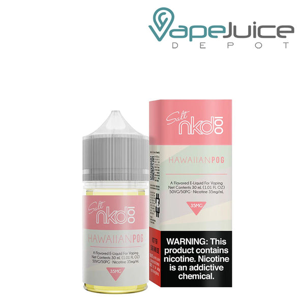 A 30ml bottle of Hawaiian POG Naked 100 Salt eLiquid and a box with a warning sign next to it - Vape Juice Depot