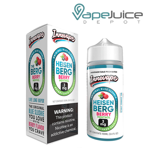 A box of Heisenberg Berry Menthol Innevape TFN eLiquid with a warning sign and a 100ml bottle next to it - Vape Juice Depot