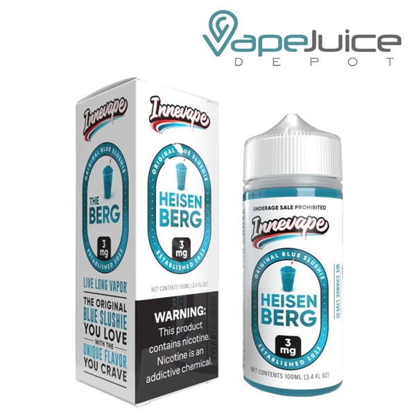 A box of Heisenberg Innevape TF Nic eLiquid with a warning sign and a 100ml bottle next to it - Vape Juice Depot
