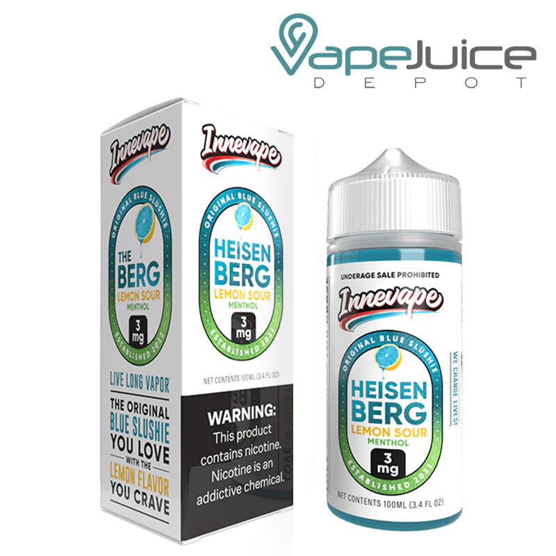 A box of Heisenberg Lemon Sour Menthol Innevape TFN with a warning sign and a 100ml bottle next to it - Vape Juice Depot