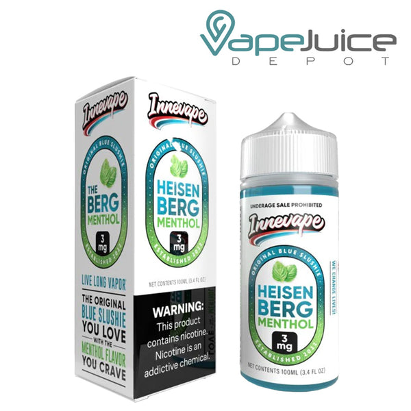 A box of Heisenberg Menthol Innevape eLiquid with a warning sign and a 100ml bottle next to it - Vape Juice Depot
