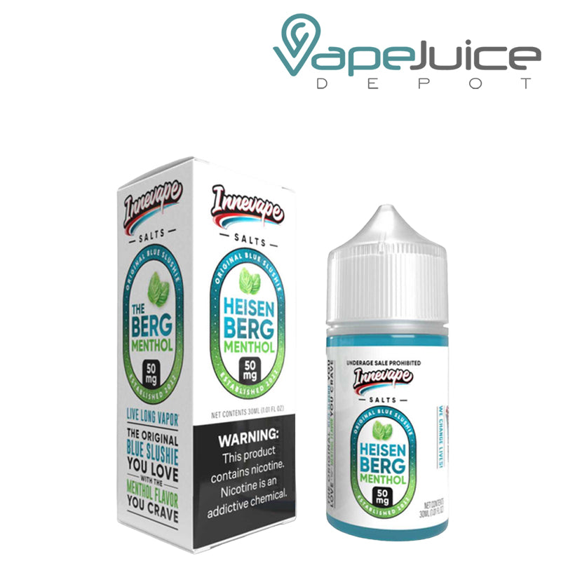 A box of Heisenberg Menthol Innevape Salts with a warning sign and a 30ml bottle next to it - Vape Juice Depot