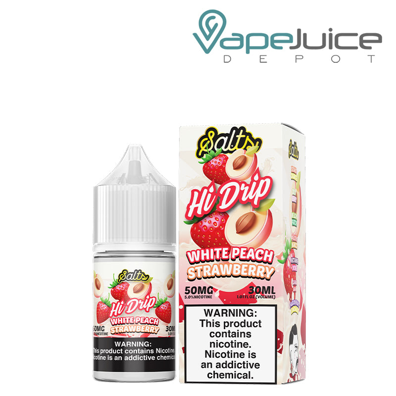 A 30ml bottle of White Peach Strawberry Hi Drip Salts 50mg and a box with a warning sign next to it - Vape Juice Depot
