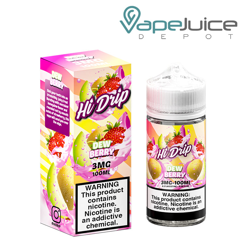 A box of Dew Berry Hi-Drip eLiquid with a warning sign and a 100ml bottle 3mg next to it - Vape Juice Depot