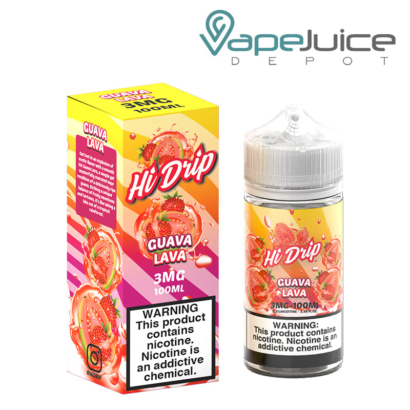A box of 3mg Guava Lava Hi-Drip eLiquid with a warning sign and a 100ml bottle next to it - Vape Juice Depot