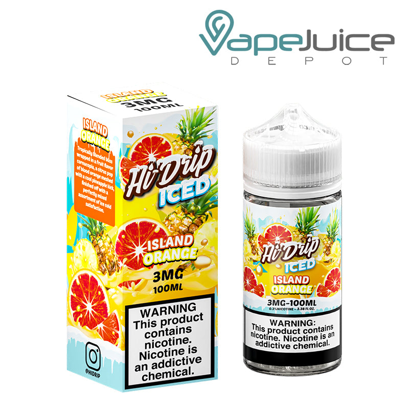 A box of ICED Island Orange Hi-Drip eLiquid 3mg and a 100ml bottle with a warning sign next to it - Vape Juice Depot