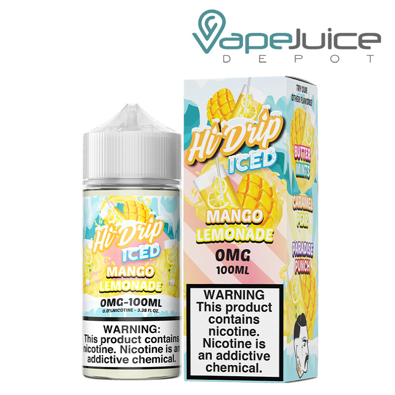 A 100ml bottle of ICED Mango Lemonade Hi Drip eLiquid 0mg and a box with a warning sign next to it - Vape Juice Depot