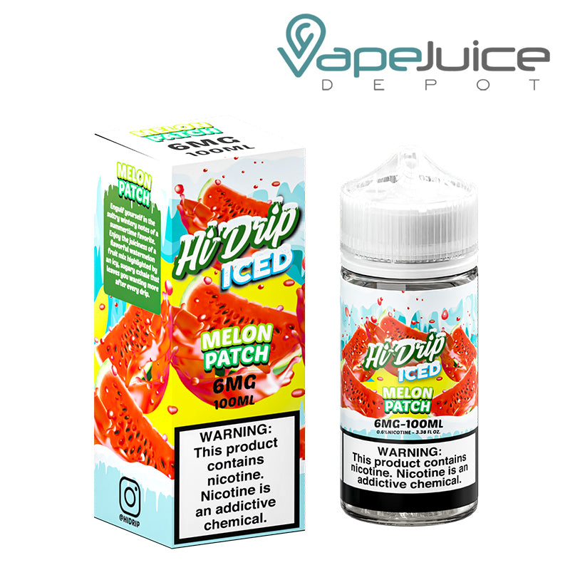 A box of ICED Melon Patch Hi-Drip eLiquid 6mg and a 100ml bottle with a warning sign next to it - Vape Juice Depot