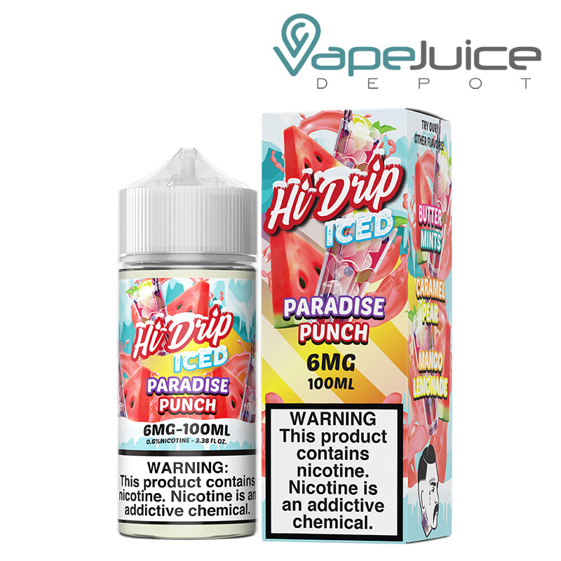 A 100ml bottle of ICED Paradise Punch Hi Drip eLiquid 6mg and a box with a warning sign next to it - Vape Juice Depot