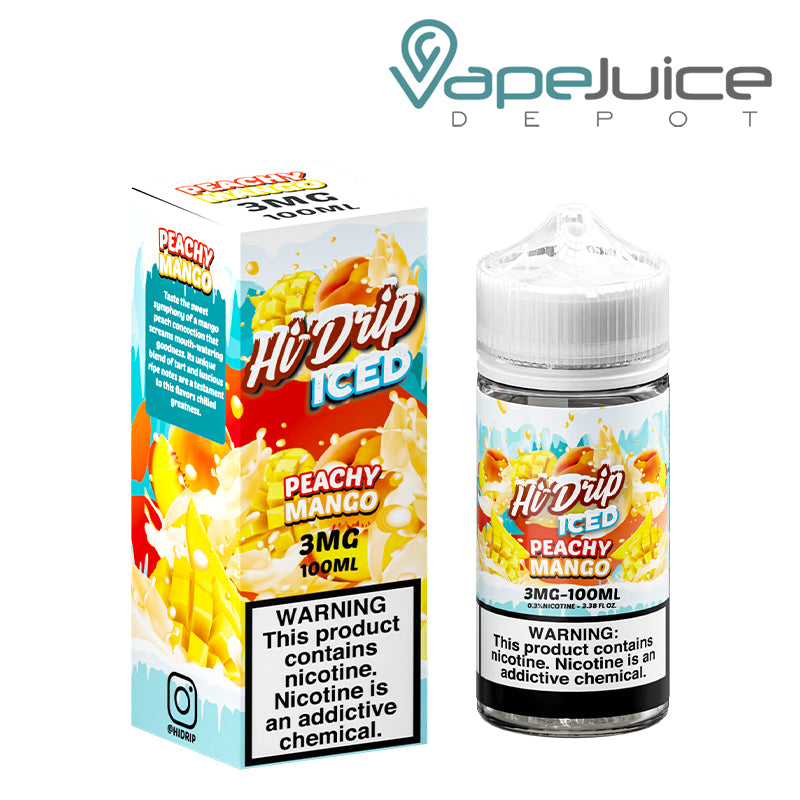 A box of ICED Peachy Mango Hi-Drip eLiquid 3mg with a warning sign and a 100ml bottle next to it - Vape Juice Depot